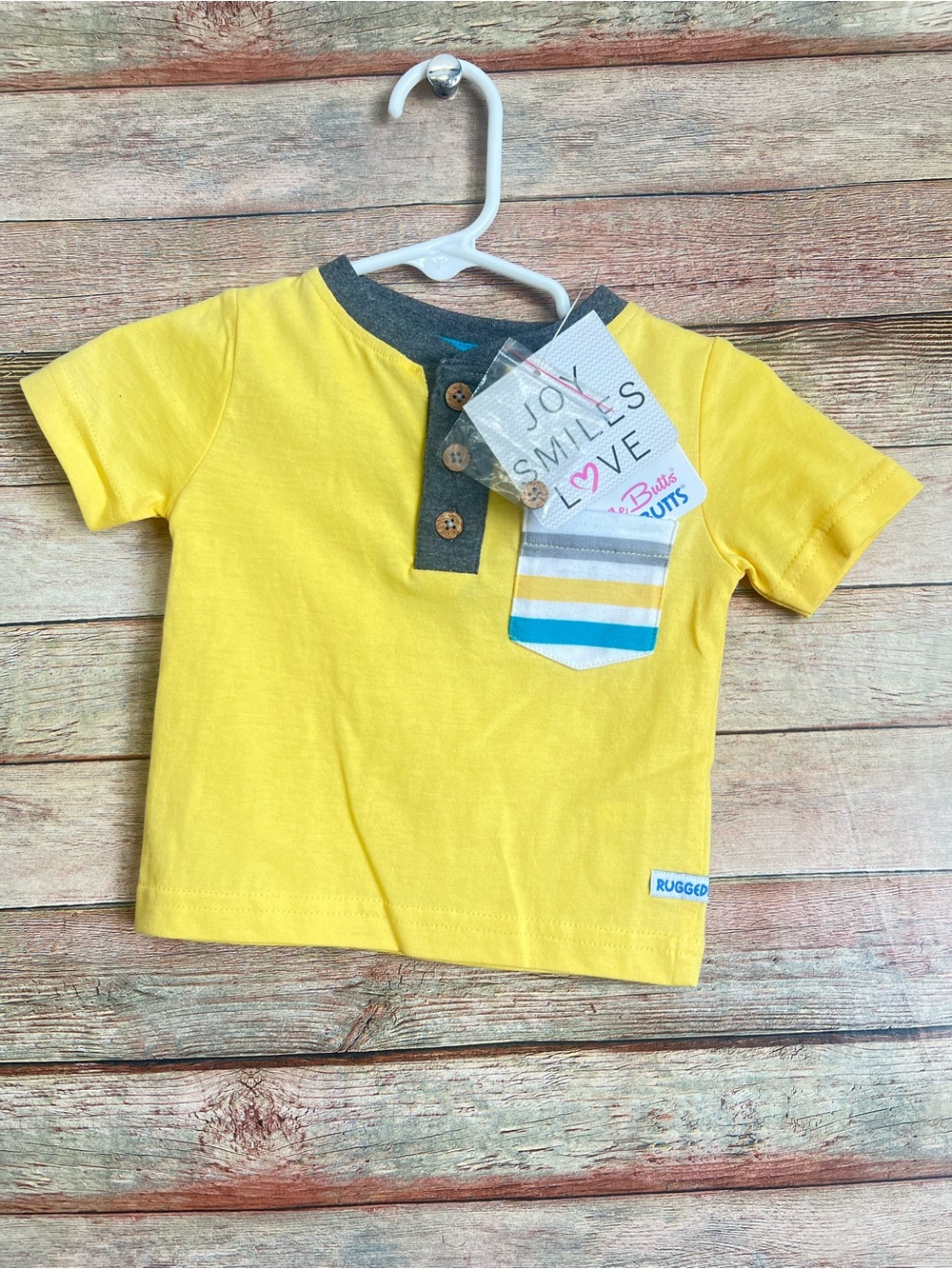 Rugged Bear Yellow Short-Sleeve Henley Tee with Striped Pocket Accent